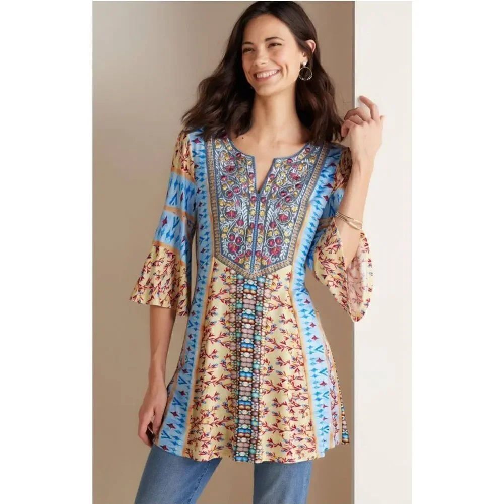 Soft Surrounding Fifi Embroidered Floral Tunic Top Colorful Bell Sleeve S